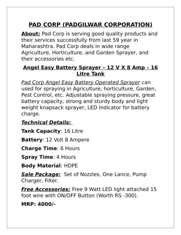Pad Corp Easy Battery Sprayer 12 Volt 12 Amp - 16 Liter - Image 2