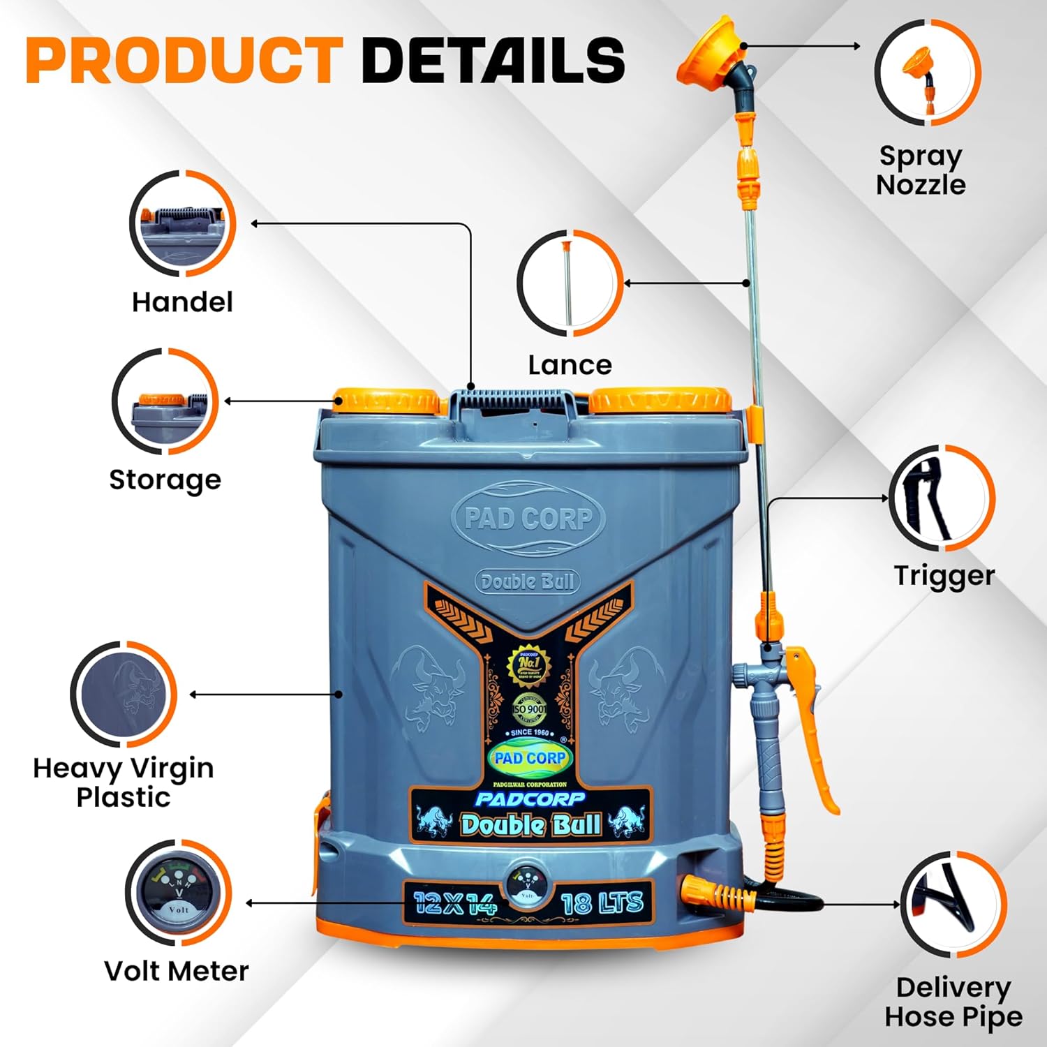 Pad Corp Double Bull Battery Sprayer 18L 12V 14Ah Double Motor Agriculture Sprayer Pump with Fast Charger