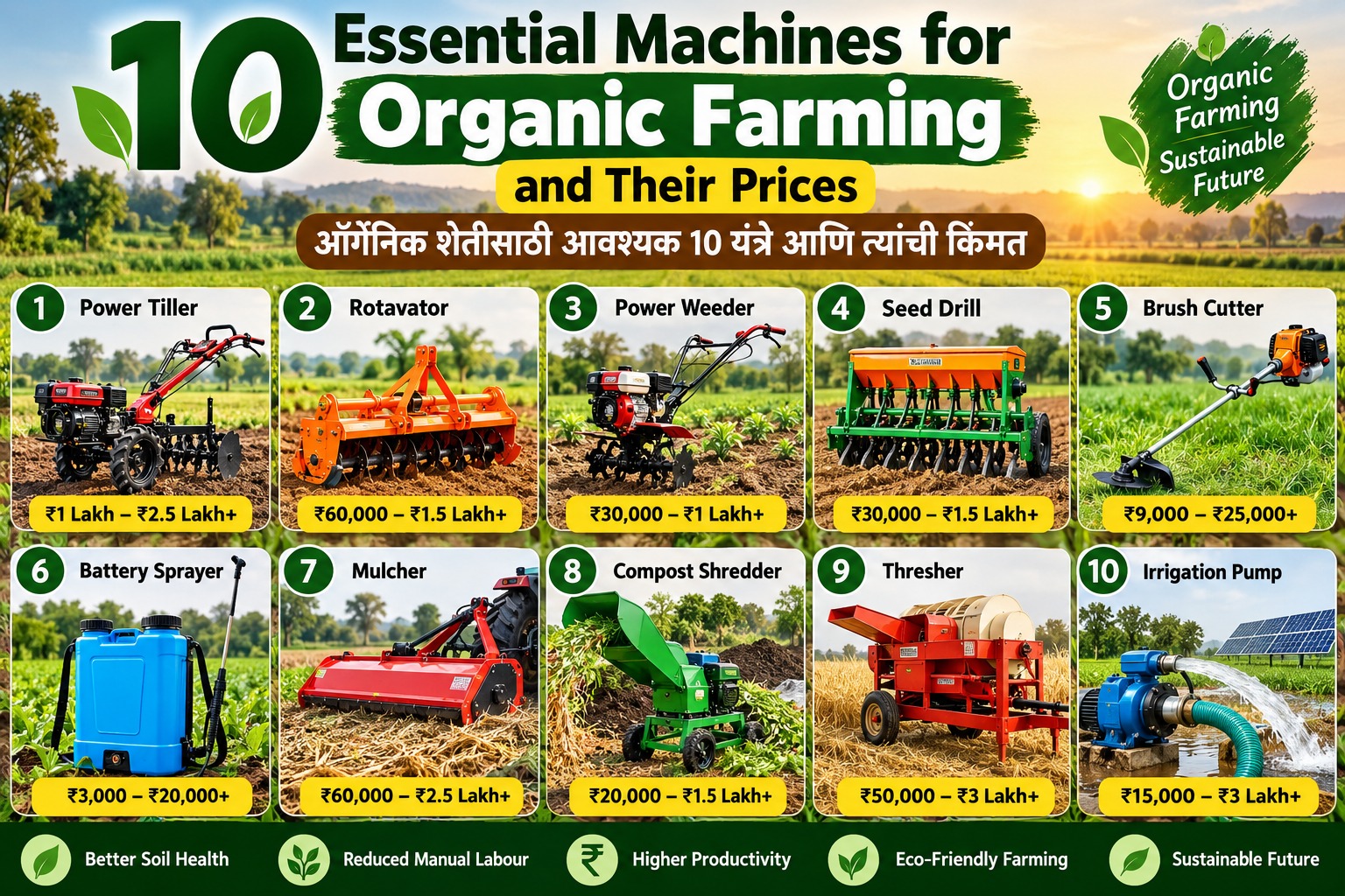 10 Essential Machines for Organic Farming and Their Prices ऑर्गेनिक शेतीसाठी आवश्यक 10 यंत्रे आणि त्यांची किंमत