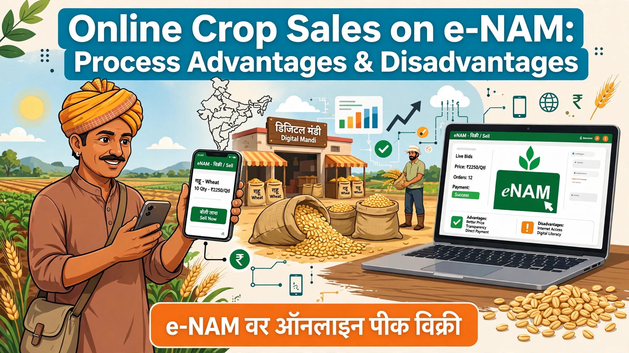 Online Crop Sales on e-NAM Process Advantages and Disadvantages e‑NAM वर ऑनलाइन पीक विक्री प्रक्रिया फायदे आणि तोटे